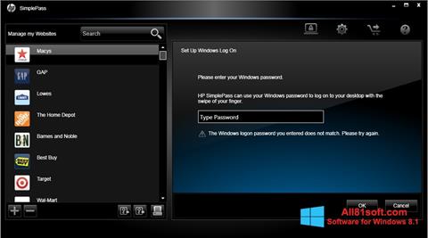 Skjermbilde HP SimplePass Windows 8.1